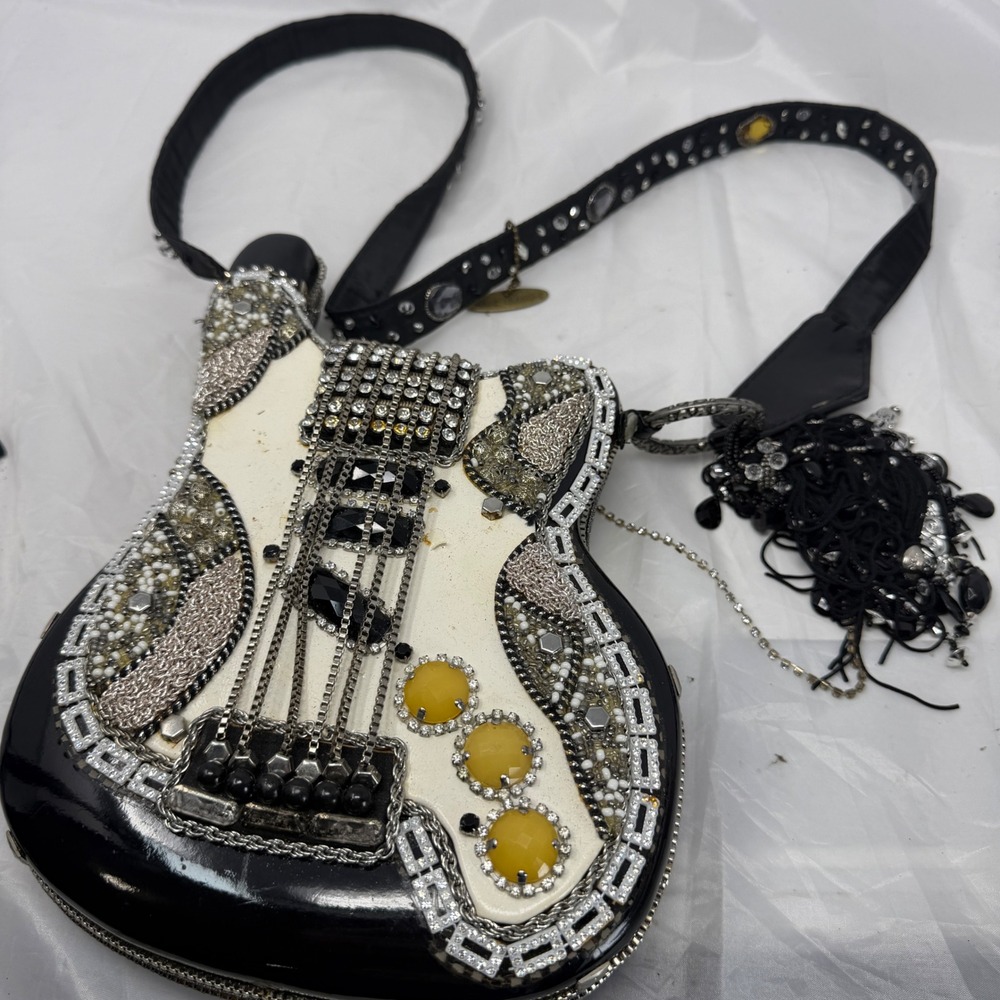 Mary Frances Electric Guitar Beaded Crossbody Bag Black Silver Novelty Accessory